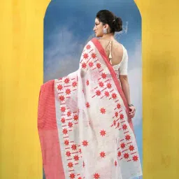 Desh Bidesh White & Red Cotton Embroidered Saree With Unstitched Blouse image 2