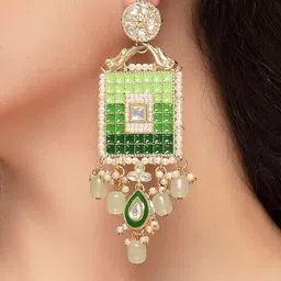 KARATCART Gold-Plated Geometric Shaped Kundan Studded Enamelled Drop Earrings image 3