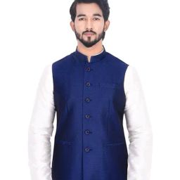 Manyavar Blue Self Design Ethnic Waistcoat-picture-12