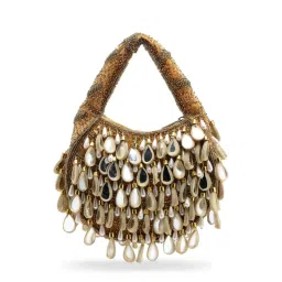 Anekaant Tipify Camel Gold and Pearl Mirror Work Embellished Velvet Purse image 2