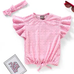 Little Kangaroos Party Wear Flared Sleeves Hakoba Top With Slip & Headband - Light Pink-image-0
