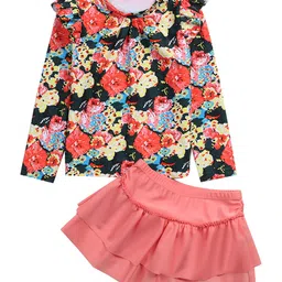 Kookie Kids Two Piece Swimsuit Floral Printed Full Sleeves Top and Solid Colour Skirt - Multicolour-picture-27