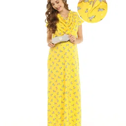 Bella Mama Cotton Woven Half Sleeves Printed Nighty with Concealed Zipper - Yellow-picture-22