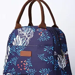 House of Quirk Insulated Nylon Reusable Lunch Bag Tote Printed Bag for School Picnic Office  - Blue/Big White Leaves-picture-19
