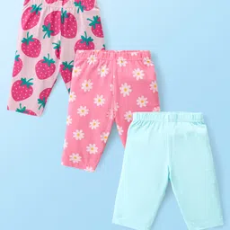Babyhug Cotton Lycra Knit Three Fourth Leggings with Solid Floral & Strawberry Print Pack of 3 - Blue & Pink-picture-16
