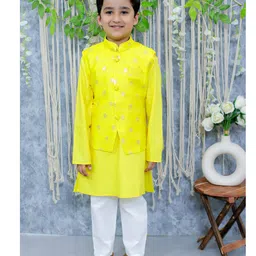 BownBee Full Sleeves Solid Kurta Pyjama With Abstract Foil Printed Jacket - Yellow-picture-12