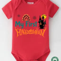 BLUSHES Halloween Theme 100% Cotton Half Sleeves My First Halloween Text Printed Onesie - Red-picture-12