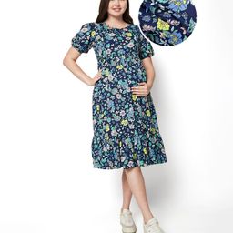Bella Mama Women Short Sleeves Maternity Dress With Pocket & Flower Print - Navy Blue-picture-47
