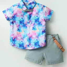 ToffyHouse 100% Cotton Knit Half Sleeves Printed Shirt & Shorts Set with Bow & Suspender - Teal Blue-picture-32