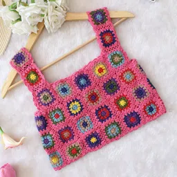 Woonie Cotton Sleeveless Floral & Colour Blocked Crochet Designed Crop Top - Pink-image-5