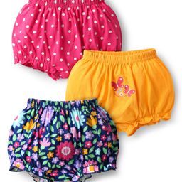 Babyhug 100% Cotton Single Jersey Knit Antibacterial Bloomers With Polka Dots & Floral Print Pack Of 3 - Yellow Navy Blue & Pink-picture-0