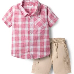 Babyhug Cotton Woven Half Sleeves Shirt & Shorts Set With Checks - Pink image 1