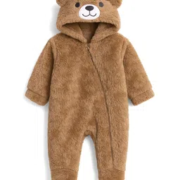 Babyhug Knit Full Sleeves Winter Wear Hooded Romper With Bear Applique - Brown-picture-24