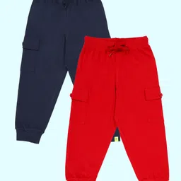 Kiddopanti Pack Of 2 Cotton Knit Solid Cargo Pocket Detailed Track Pants - Navy & Red-picture-22