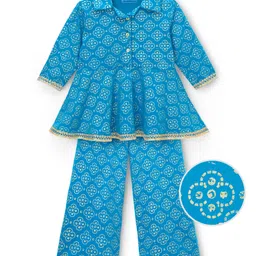 EARTHY TOUCH Single Jersey Knit Three Fourth Sleeves Indo Western Set With Floral Foil Print - Blue-picture-31