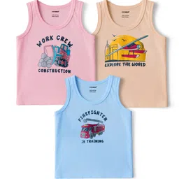 CUCUMBER Sinker Knit Sleeveless Vest With Surf & Vehicle Text Print Pack of 3 - Light Blue Pink & Peach-picture-15