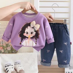 Googo Gaaga Cotton Knit Full Sleeves Cute Girl Printed Light Winter Sweatshirt With Jeans Set - Purple-picture-22