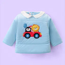 Babyhug Velour Woven Full Sleeves Winter Wear Suit With Animals Patch & Cap - Sky Blue image 2
