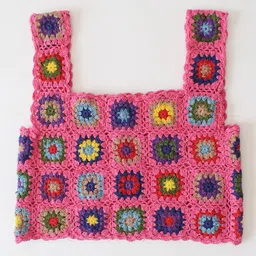 Woonie Cotton Sleeveless Floral & Colour Blocked Crochet Designed Crop Top - Pink image 3