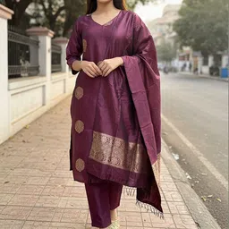 TURITY Women Ethnic Motifs Regular Chanderi Cotton Kurta with Trousers & With Dupatta image 3