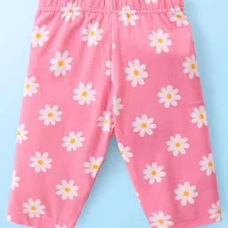 Babyhug Cotton Lycra Knit Three Fourth Leggings with Solid Floral & Strawberry Print Pack of 3 - Blue & Pink image 4