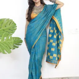 Anjaneya Sarees Blue Woven Cotton Silk Printed Designer Solid Saree With Unstitched Blouse image 2