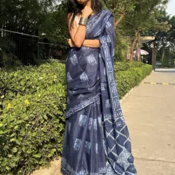 Anjaneya Sarees Blue Woven Cotton Silk Printed Designer Printed Saree With Unstitched Blouse image 3