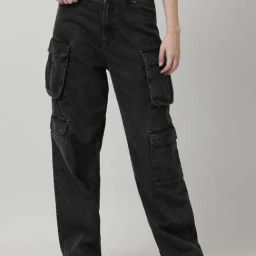 Bene Kleed Charcoal Grey Cotton Relaxed Fit High Rise Cargo Jeans-picture-16