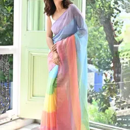 Anjaneya Sarees Multi Woven Linen Silk Printed Designer Solid Saree With Unstitched Blouse-image-81