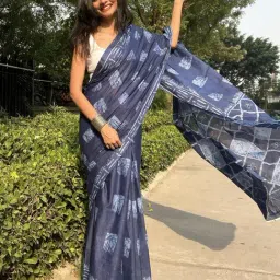 Anjaneya Sarees Blue Woven Cotton Silk Printed Designer Printed Saree With Unstitched Blouse image 2