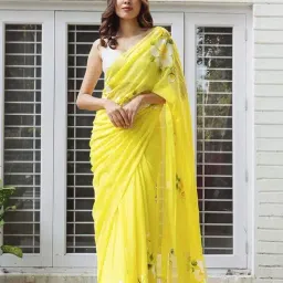 Anjaneya Sarees Yellow Woven Linen Silk Printed Designer Printed Saree With Unstitched Blouse-picture-37