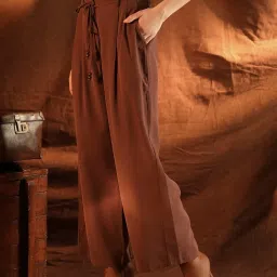 Kazo Brown Rayon Solid Mid Rise Trousers image 4