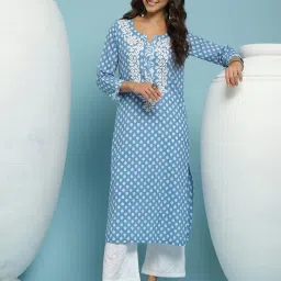 House of Chikankari Cotton Printed Women's Long Kurta - Blue image 4