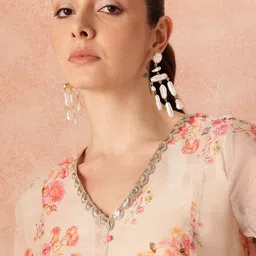 all about you Women Floral Print Sequined Detail High Slit Kurta with Sharara image 5