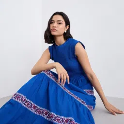 Styli Blue Cotton Embellished Fit & Flared Dress image 4