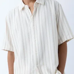 ETA by Westside White Stripe Patterned Relaxed-Fit Cotton Shirt image 4
