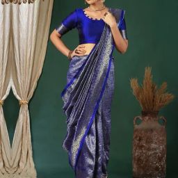 Satrani Blue Silk Blend Woven Saree With Unstitched Blouse-picture-0