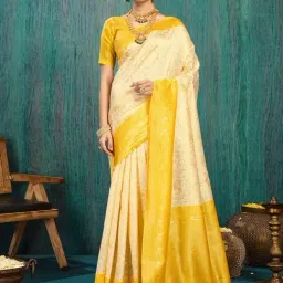 Satrani Yellow Silk Blend Woven Saree With Unstitched Blouse-image-26
