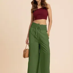 Moomaya Green Regular Fit High Rise Palazzos image 4