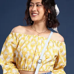 Taavi Print Off-Shoulder Pure Cotton Gulli Sanganeri Crop Top-image-97