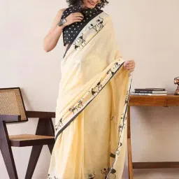 Anjaneya Sarees Cream Woven Linen Silk Printed Designer Printed Saree With Unstitched Blouse-image-76