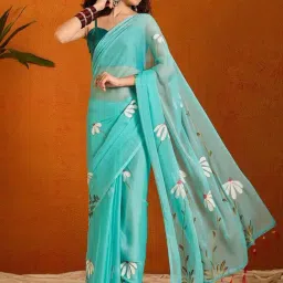 Anjaneya Sarees Teal Woven Linen Silk Printed Designer Solid Saree With Unstitched Blouse-image-50
