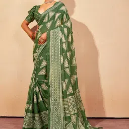Satrani Green Printed Saree With Unstitched Blouse-image-6