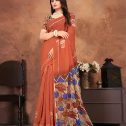 Anjaneya Sarees Orange Woven Linen Silk Printed Designer Printed Saree With Unstitched Blouse-image-9