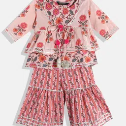 READIPRINT Three Fourth Sleeves Jaipuri Flower Motif Printed & Gota Flower Embellished Peplum Jacket With Coordinating Kurta & Floral Striped Designed Sharara - Peach-picture-12