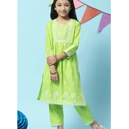 BIBA Three Fourth Sleeves Embroidered & Sequin Embellished Gathered Kurta With Narrow Pant - Green-image-19