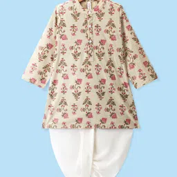 Babyhug Cotton Dobby Full Sleeves Floral Printed Kurta & Dhoti Set - Beige-picture-15