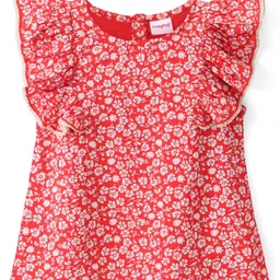 Babyhug Rayon Woven Frill Sleeves Top With Lace Detailing Floral Print - Red-picture-30
