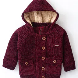 Yellow Apple Knitted Full Sleeves Hooded Solid Colour Sweatjacket - Maroon-picture-21