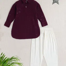 The Magic Wand Rayon Full Sleeves Ethnic Embroidered Sequins Embellished Pathani Kurta & Pyjama Set - Wine-picture-32